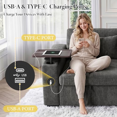 Image of Dreamzie 65'' Convertible Sleeper Sofa Bed with 90 Swivel Side Table, Chenille Pull Out Couch for Living Room, Loveseat Sleeper Couch with Hidden Storage Space | Charging Port | Cup Holders, Grey