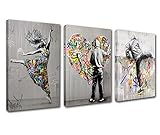 Banksy Street Art Decor Classic Graffiti Pictures Sexy Girl Pop Paintings Sporting Man Artwork 3 Panels Canvas Wall Art Living Room Home Modern Decor Framed Giclee Ready to Hang Gift(42''W x 20''H)