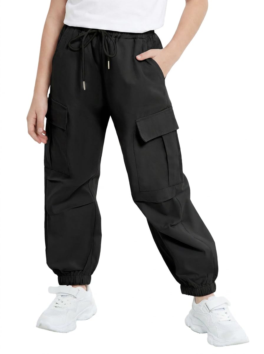 JiAmy Pantalones cargo para niñas, cintura elástica, pantalones de paracaídas holgados casuales con múltiples bolsillos, pantalones deportivos de baile Y2k para niños de 5 a 14 años