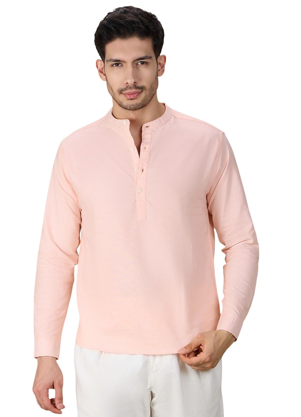 studio shringaar Men's 100% Cotton Peach Oxford Classic Short Kurta Shirt-picture-20