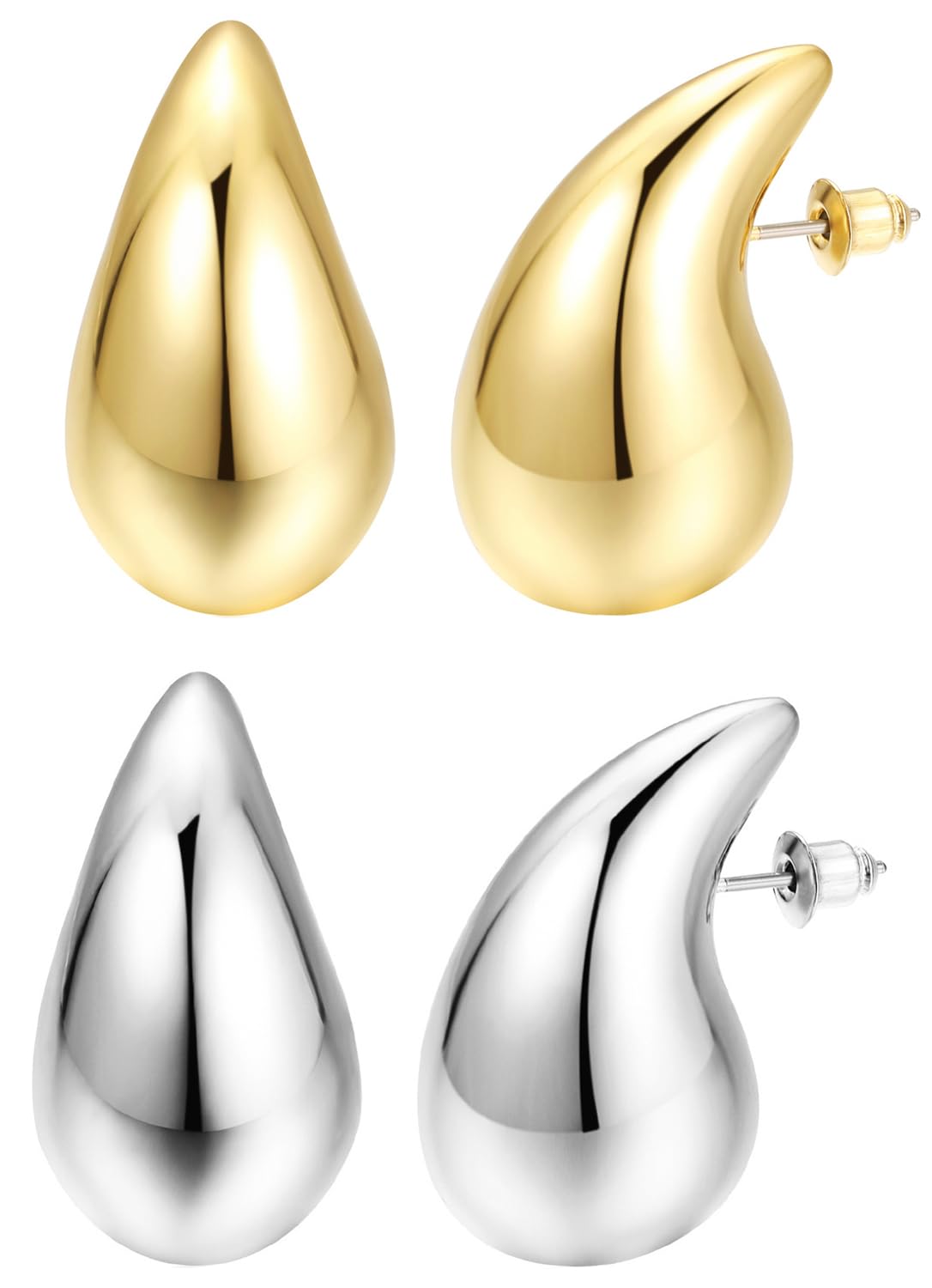 2 Pairs Combo Celebrity Inspired Stylish Gold Silver Plated Teardrop Earrings Dupes for Women Girls Teenagers Trending Oversized Lightweight Statement Waterdrop Earrings