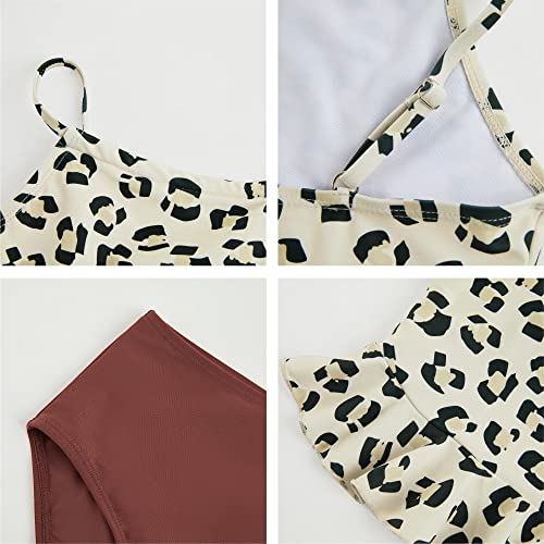 Mafulus Girls 2 Pcs Swimsuit Ruffle Cute Print Adjustable Spaghetti Strap Quick Drying Kids Bathing Suit 5-14Years Camel #TOP4
