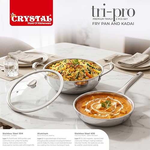 Image of Crystal TriPro Triply Stainless Steel 3 Pcs Cookware Set | Kadai 22cm with Glass Lid and Frypan 18cm | Less Oil Use, Healthy Cooking - Induction Bottom