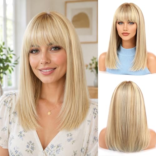 Image of KKU 16 Inch Human Hair Wig,Human Hair Wigs,Human Hair Wig With Bangs, Lady Wigs Human Hair, Real Hair Wigs For Women