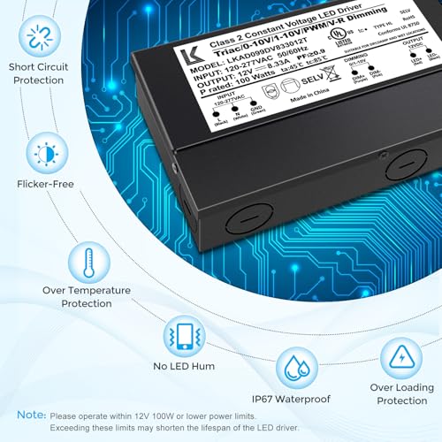 Image of 12V 100W Dimmable LED Driver, 5-in-1 Triac /ELV /MLV /0-10V /1-10V /PWM /V-R Dimming AC to DC Power Supply, IP67 Waterproof LED Transformer, UL Listed, Compatible with Lutron & Leviton Dimmer