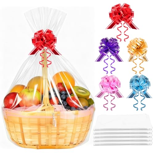 5 Extra Large Cellophane Wrap for Hampers100cm×70cm/39.3in×27.5in) Clear Cellophane Bags With 5 Pull Bows For Hamper Making Easter Christmas Cellophane Wrap Bags Presents Packaging