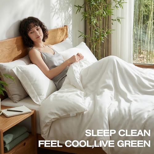 Image of Real 100% Viscose Derived from Bamboo Sheets Set Queen Size, Cooling & Silky Soft for Hot Sleeper, Luxury with Breathable & Moisture Wicking Fabric, 18 inch Deep Pocket with Corner Straps (White,Queen)