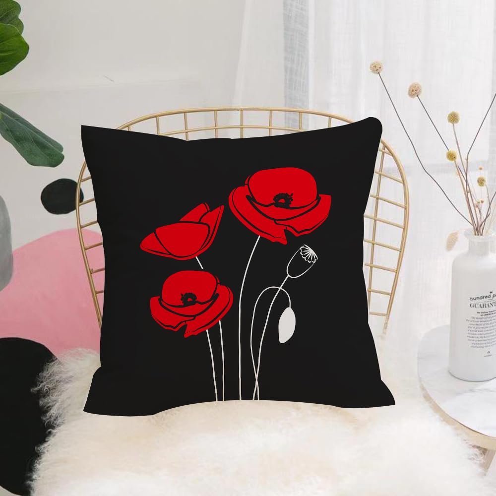 Hyosxw Quilt Pattern Red Poppies On A Black Backgro - A3 Cushion Cover,Throw Pillow Case Home Decorative For Living Room Bedroom Sofa Chair 18X18 Inch,Quilt Pattern Red Poppies On A Black Background - 副本,Pillowcase 45X45cm