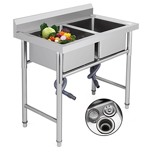 GIOEVO Lavello Professionale in Acciaio Inox con 2 Scomparti 99.06 x 59.69 x 93.98cm Lavello su Base Lavello Cucina Doppia Vasca (Senza Pannello)