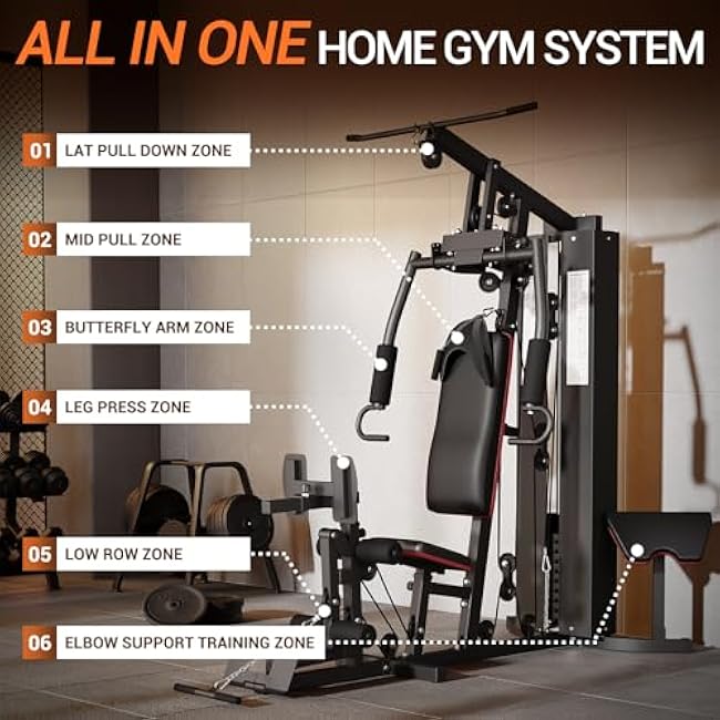 Multifunctional Home Gym Equipment, Home Gym Station with Pulley System, 150LBS Weight Stack Exercise Machine for Full Body Strength Training
