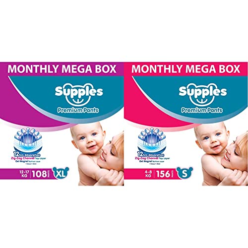 Image of Supples Baby Diaper Pants, Monthly Mega-Box, X-Large, 108 Count&Supples Baby Diaper Pants, Monthly Mega-Box, Small, 156 Count