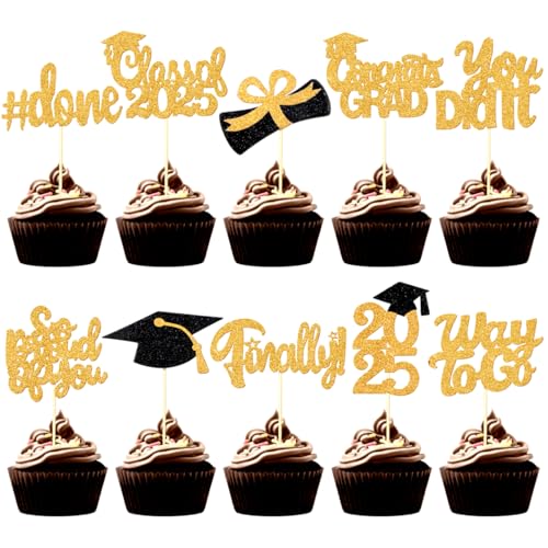 FoldTier 100 Pcs Graduation Cupcake Toppers Congrats Grad Class of 2025 Graduation Cupcake Picks Toppers Diploma Supplies for Party Decorations(Gold)