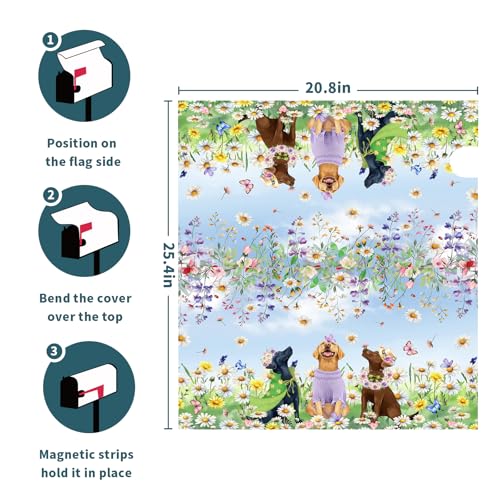 Image of Spring Dog Mailbox Cover with Magnetic 25.5x21Inch Colorful Wildflower Butterfly Puppy Waterproof Mailbox Wrap Letter Post Cover Large Size for Garden Yard Outdoor Season Outside Decor