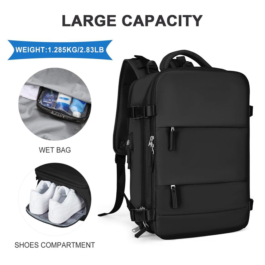 Duży Podróżny Plecak, Dla Kobiet Mężczyzn Prowadzą Plecak Zatwierdzony Flight Fit 15,6 -Calowy Laptopy Buty Przedziału Trzeszki Plecak Wodoodporny Sporty na Zewnątrz Plecak,Black