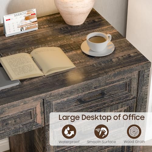 Image of Vabches Farmhouse Executive Desk with Storage and Ample File Drawer, Rustic Large Home Writing Desk for Bedroom, Dark Oak