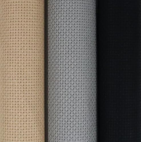 Image of KCS 3 pc of 15 inch x 18 inch(38cmx45cm) 14 Count Cross Stitch Cotton Aida Cloth Needlework Rolled Fabric Box,14CT,Khaki+Medium Grey+Black