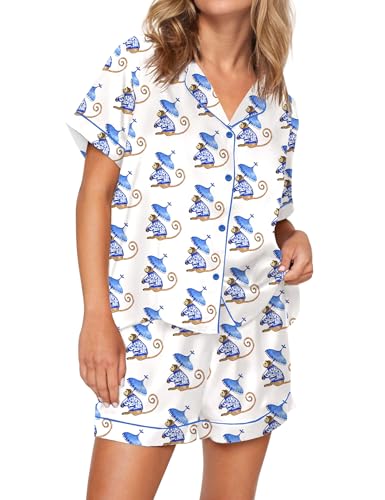 Image of SHESHOW Satin Pajamas for Women Set Preppy Animals Pjs Short Sleeve Shorts 2 Piece Loungewear Sets XS-XXL