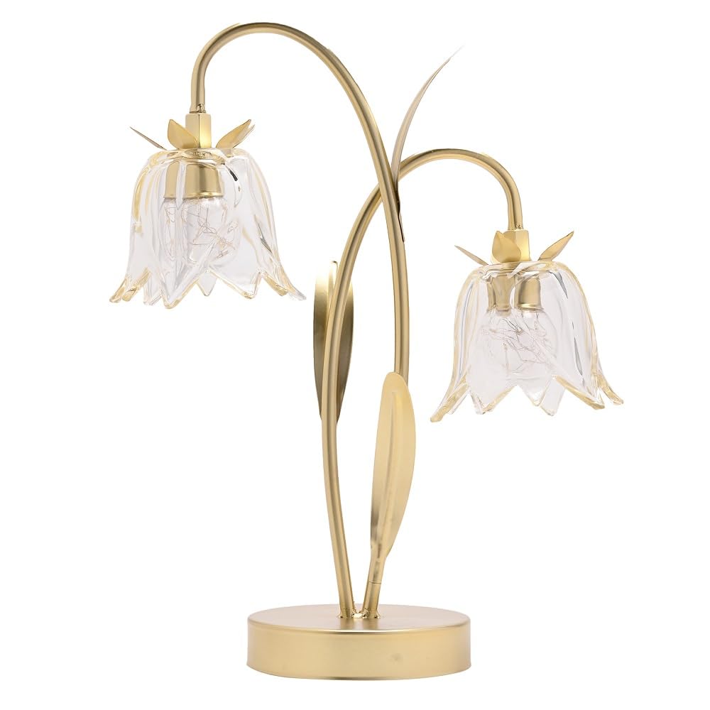Britalia Table Lamp with Gold Metal Stem and Clear Glass Flower Shade, Battery Powered, LED, 14cm x 28cm x 37cm