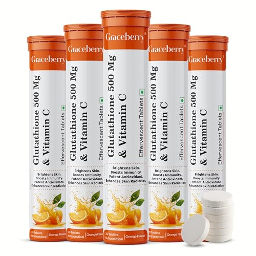 Image of Graceberry Glutathione Tablets for Glowing Skin | 100 Effervescent Tablets with L-Glutathione & Vitamin C | Sugar-free Antioxidant & Skin Glow Supplement for Skin Radiance | Orange (Pack of 5)