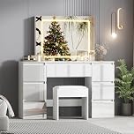 LSLIFE High Gloss Dressing Table with Mirror, Vanity Makeup Desk with 3 Color LED Lights Adjustable Brightness 7 Drawers Bedroom Dressing Tables Vanity Makeup Table for Women Girls (White)