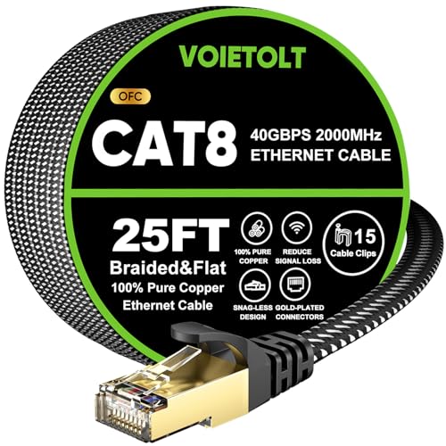 Image of Cat 8 Ethernet Cable 25 FT Flat, High Speed 40Gbps 2000Mhz Braided Internet Cable with Gold Plated RJ45 Network LAN Cable SSTP, Heavy Duty Ethernet Cord Compatible for PS4 /5, for Modems, PC /Laptop