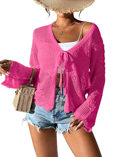 Image of Womens Tie Front Lightweight Crochet Cardigan Shrugs Knit Cardigan Crop Tops Cover Up