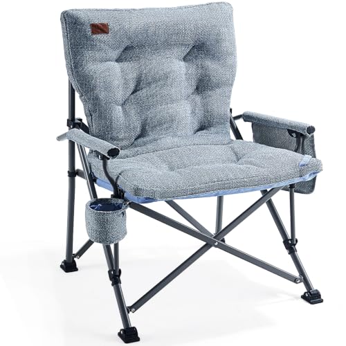 Image of EVER ADVANCED Padded Oversized Folding Camping Chair for Adults, Heavy Duty Lawn Chair with Side Pockets, Portable Collapsible Quad Chair for Outside, Support Up to 500lbs, Light Blue