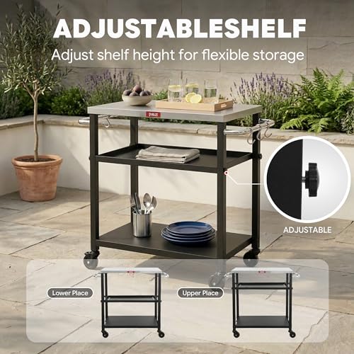 Feasto 3-Tier Outdoor Grill Cart, Rolling Pizza Oven Table with Compact 26.6" x 16.1" Stainless Top for Pizza Ovens & Griddles, Outdoor Bar Cart with S-Hooks for Patio Parties, Deck Dining & Camping by Feasto - Image 6