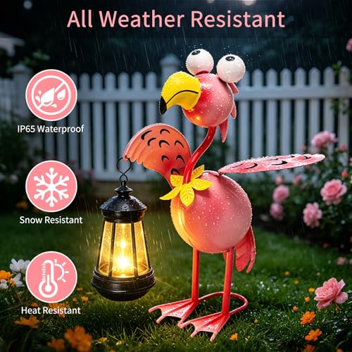 Image of VOOKRY Solar Flamingo Garden Statue with Lantern,Metal Flamingo Outdoor
