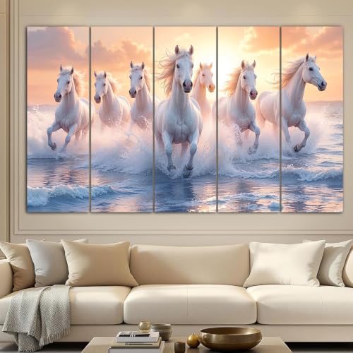 Image of Spacter White Horses Wall Painting for Living Room Big Size - 7 Running Horses Painting Vastu for Bedroom, Office, Hotel - Wall Decor Digital Painting Wooden Framed for Gifting (,30x60 Inch)