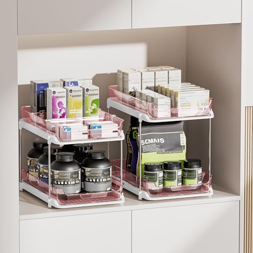 Image of Delamu 2-Tier Multi-Purpose Bathroom Under Sink Organizers and Storage, Stackable Kitchen Pantry Organization, Pull Out Medicine Cabinet Organizer with Movable Dividers, Light Pink, 2 Pack