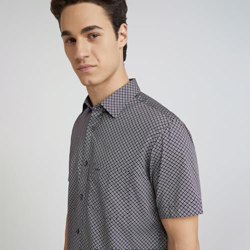 Image of Colorplus Men's Regular Fit Print Pattern Pure Cotton Plain Collar Half Sleeve Casual Shirt