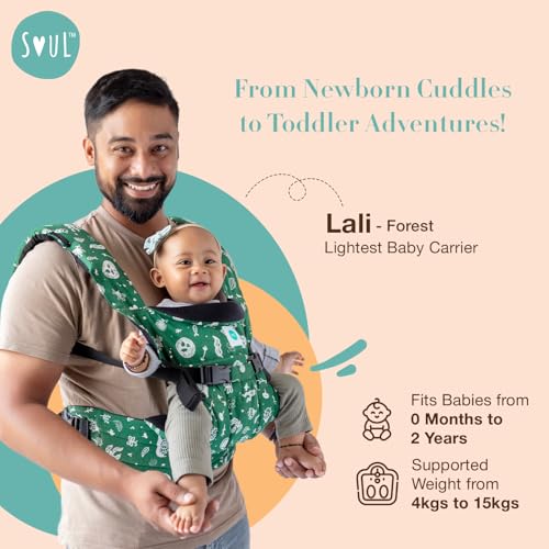Image of SOULSLINGS 4-in-1 Lali Baby Carrier Bag - Forest | Compact & Lightweight (400g) | Adjustable for 0-24 Months (4-15kg) | Machine Washable & Handwashable | Breastfeeding Friendly