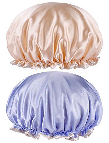 LyneeRan 2 Pack Waterproof Shower Cap Double Layers Bath Cap for Women,Reusable Spa Cap(champagne and grace purple)