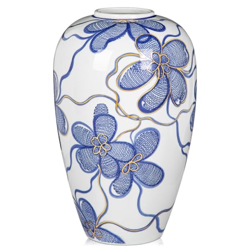 Keramikvase Blau-Weiß mit Goldverzierung – Handbemalte Blumenvase im...