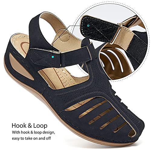 HARENCE Womens Sandals Wedge Shoes: Comfortable Ankle Strap Closed Toe Summer Platform Sandals Casual Bohemia Gladiator Outdoor Wedges3