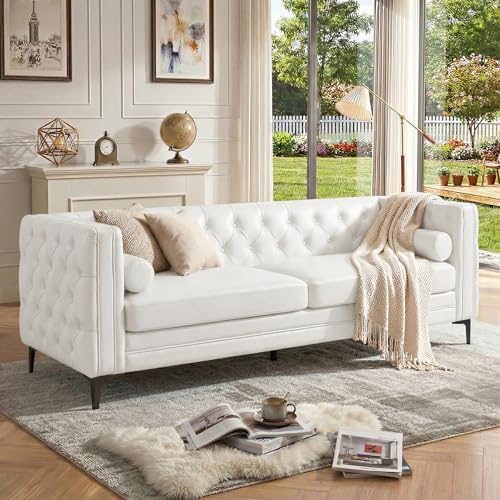 Luxanimarion Faux Leather Couches for Living Room Mid-Century Modern Couch with Button Tufting Metal Legs and 2 Bolster Pillows Comfortable Deep 3 Seater Couch for Apartment Office White 1 PCS