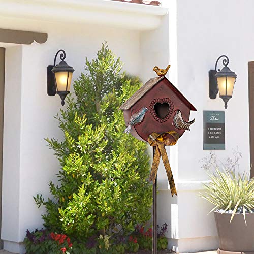 MOCOME 55\" Outdoor Bird House Stake with Pole, Rococo Birdhouse Stand with Bowknot, Antique Decorative Garden Stake, Metal Bird Houses for Outside(Claret, Oval Shape)