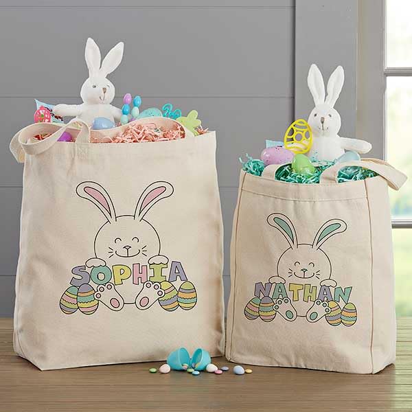 Miniatura 4 de Personalization Universe Bolsas de lona personalizadas de conejo de Pascua, para la primera Pascua o búsqueda de huevos, bordadas con cualquier