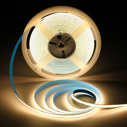 ShineBurky 24V COB LED Strip Light, 10M Warm White 3000K Cuttable Tape Lights, CRI93+ High Bright Flexible Self Adhesive Light for Bedroom TV Backlight Kitchen Cabinet Mirror Garage Lighting (No Plug)