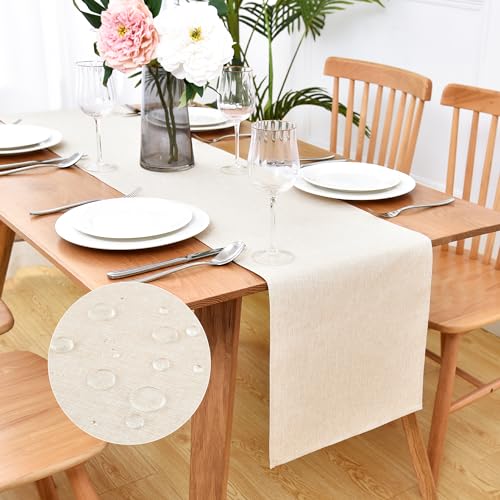 Waterproof Faux Linen Table Runners Farmhouse Neutral Table Runner 90 Inches Long Rustic Washable Table Runner Dresser Scarf for Kitchen Dining Room Indoor Outdoor 13x90 Inch