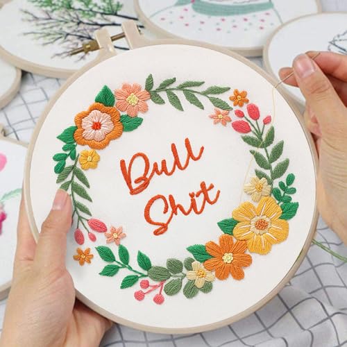 Image of Louise Maelys Funny Flower Wreath Embroidery Kit for Beginners, DIY Craft | Floral Needlepoint Kit with Pre-Printed Fabric, Hoop, Threads, Needles and Guide. Cross Stitch Starter Kit for Adults