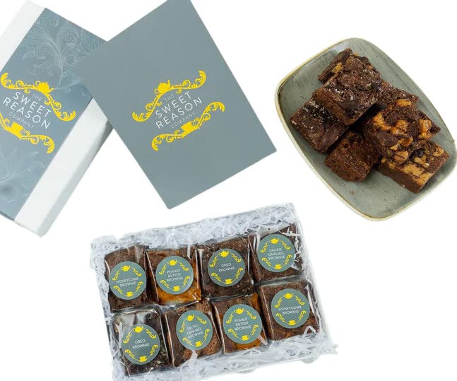 The Sweet Reason Company Luxury Brownie Mixed Gift Box Handmade Freshly Baked - Salted Caramel, Honeycomb, Oreo & Peanut Butter Flavour - 8 x Large Delicious Assorted Chocolate Brownies (Original)