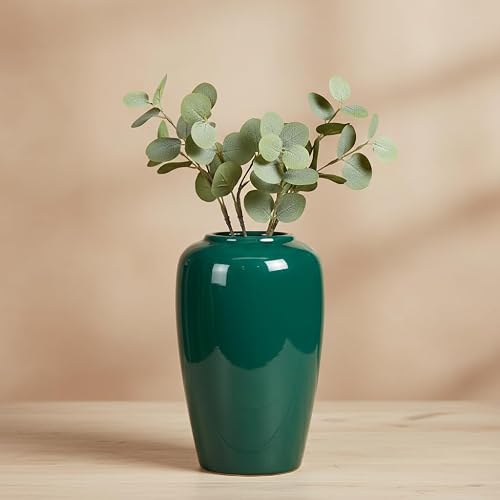 Dark Green Vase, 8 Inch Green Ceramic Vase for Flowers, Rustic Vases for Home Decor, Modern Farmhouse Decorative Centerpiece for Table, Living Room, Kitchen