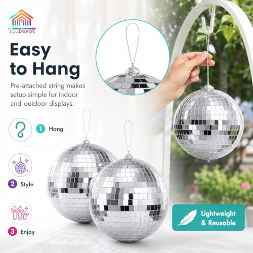 Youdepot - Bola espejada de discoteca de 6 pulgadas, paquete de 2 unidades, con luces de bolas espejadas de 1,97 pulgadas, decoraciones plateadas para fiestas y Navidad miniatura 6