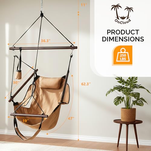 Image of ONCLOUD Upgraded Unique Hammock Sky Chair, Air Deluxe Hanging Swing Seat with Rope Through Beech Wood Bar Safer Relax with Drink Holder & Fuller Pillow for Indoor Outdoor Patio Yard 250LBS (Tan)