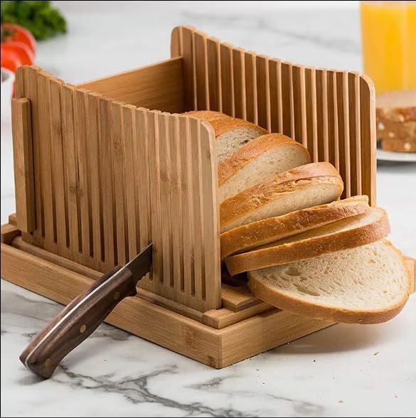Bamboo Bread Slicer with Crumb Tray - Adjustable Compact Foldable Wooden Bread Cutter Guide for Homemade Bread, Loaf, Bagels - Includes Knife Rest & Non-Slip Base