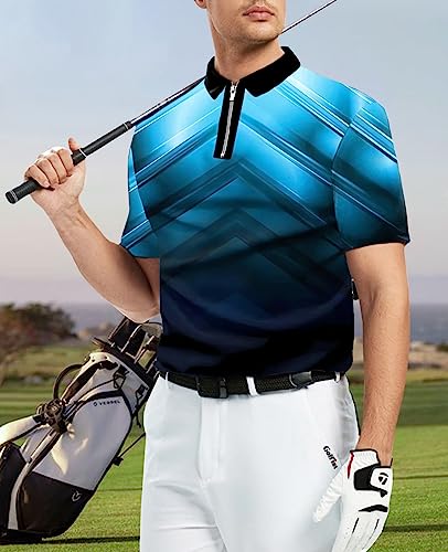 Ecosunny Men's Short Sleeve Polo Shirt Gradient 3D Printed Zip Up Casual Slim Fit Golf Shirts #TOP3