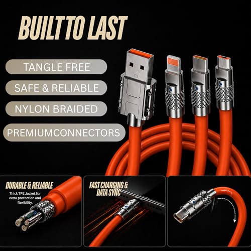 Image of Umake 100w Multi Device Fast Charging Cable 3-in-1, USB to Type-C, ios & Micro USB, High-Speed Charging and Data Transfer, Strong Metal Connector Design, 1M Orange