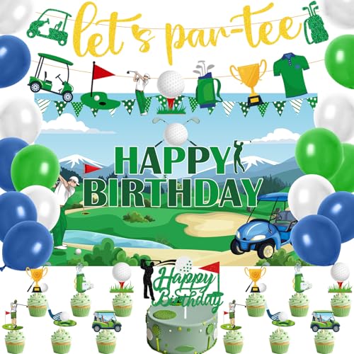 Image of Gameza Golf Birthday Party Decorations - 34PCS Golf Birthday Decorations, Lets Partee Banners Balloons Backdrop Cake Topper Cupcake Toppers, Sport Themed Party Decor Supplies